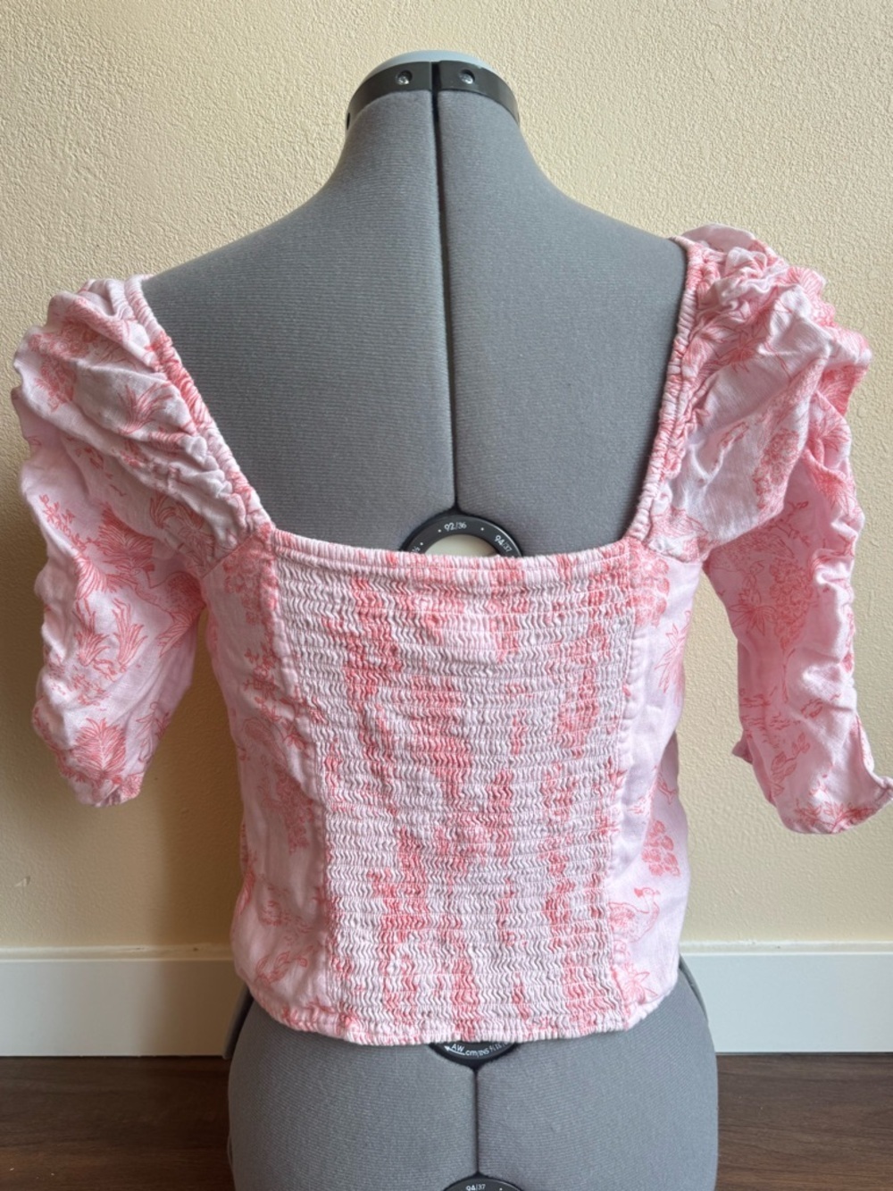 Cynthia Rowley 100% Linen Pink Toile Print Puff Sleeve Corset Top Cottagecore - Picture 3 of 12